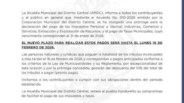 Se amplían plazo para pago de impuestos municipales en el Distrito Central